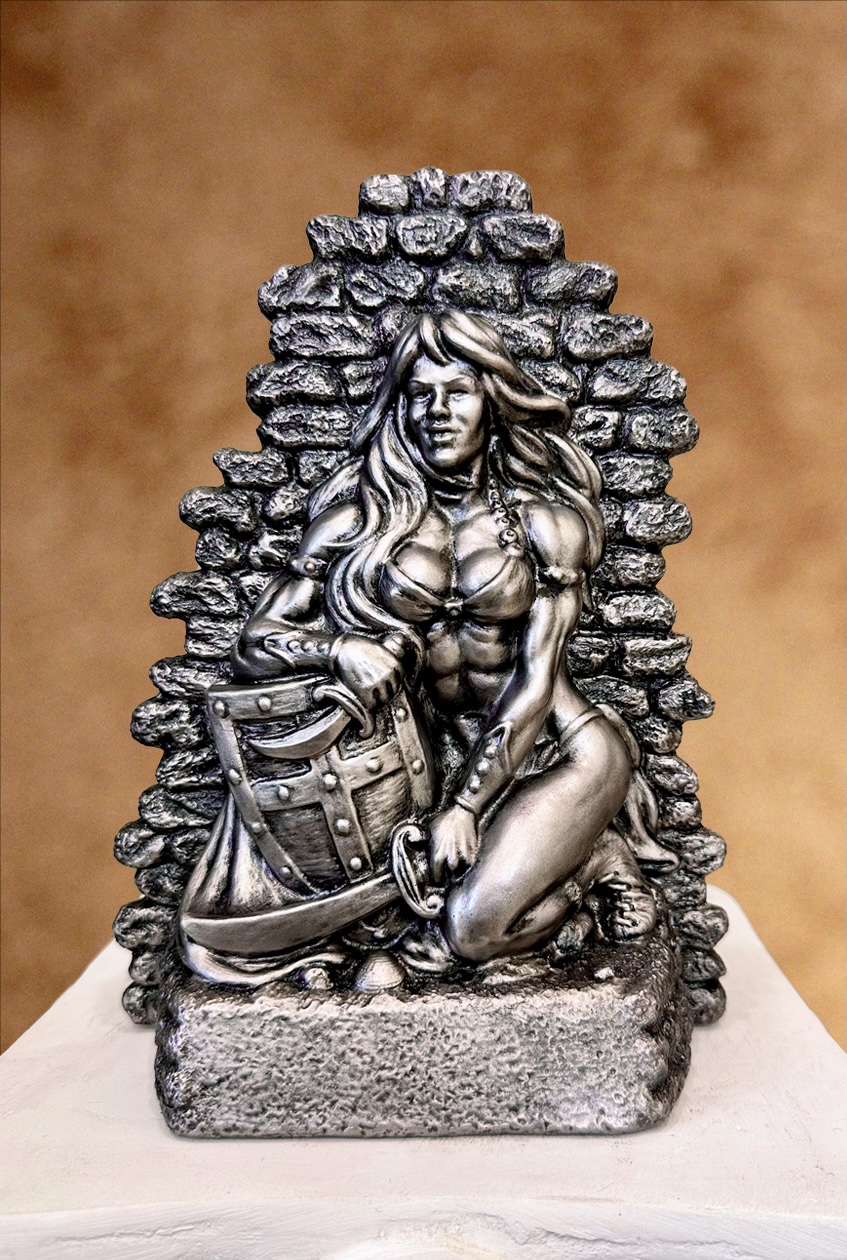 Female Warrior Relief bodybuilding trophy with platinum pewter 2-dimensional embossed muscular female warrior emerging from stone arch frame