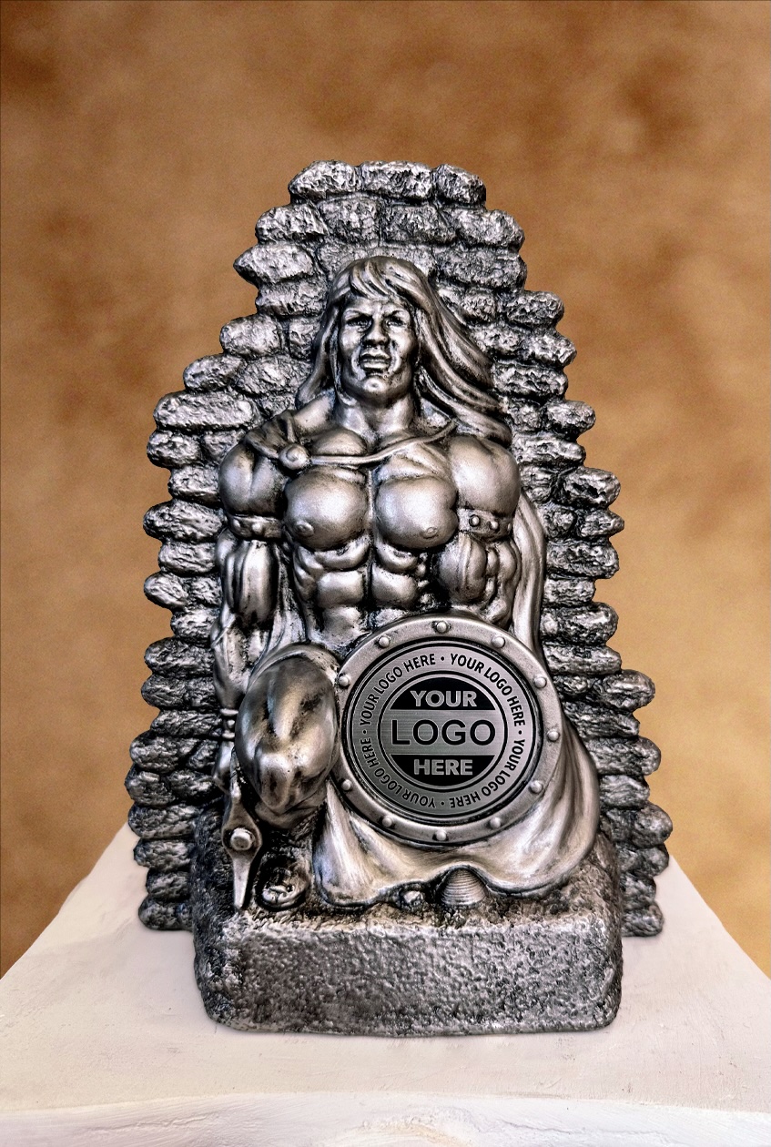 Platinum pewter bodybuilding trophy with embossed relief of muscular male warrior emerging from stone arch frame, customizable logo option available